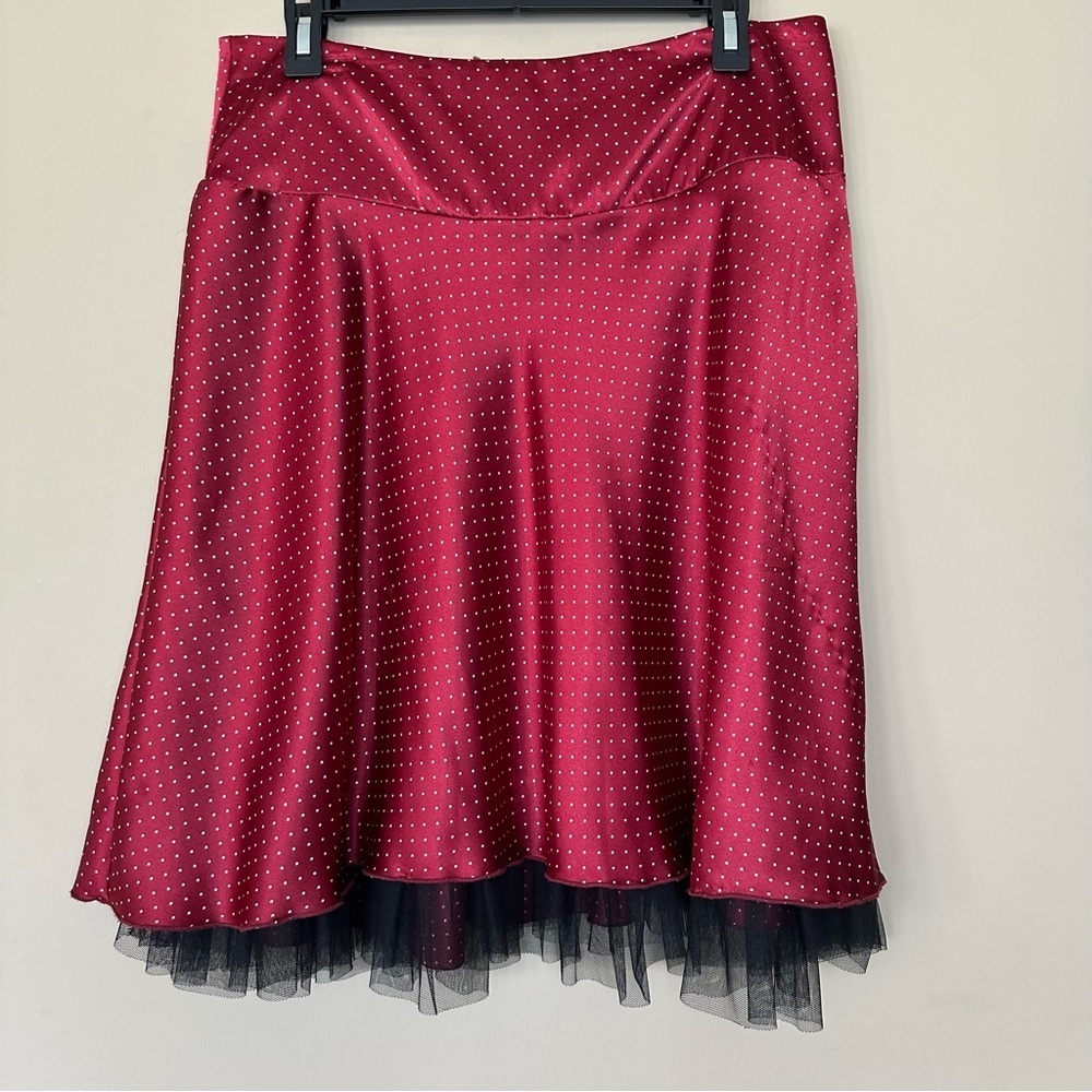 Vintage Junior 9 Satin Maroon Skirt Tulle Ruffle Whimsigoth Red Polkadot Y2K Red - Picture 2 of 11